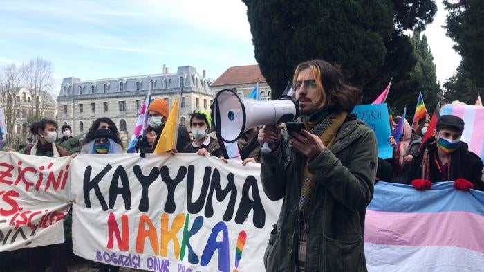 Bogazici University student speaks through bullhorn at LGBTQ rally