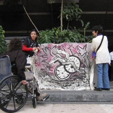 Marite Fernández and disability rights adovocates demonstrate before the Mexican Senate demanding the right to full legal capacity, Mexico City, Mexico, 2007. 