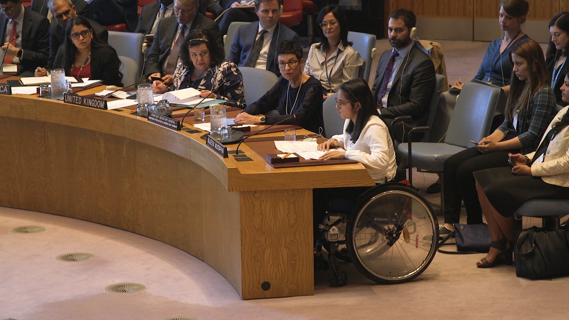 Nujeen Mustafa, a disability and refugee rights defender, speaks at the United Nations Security Council briefing, the first person with disability to do so, on April 24, 2019.