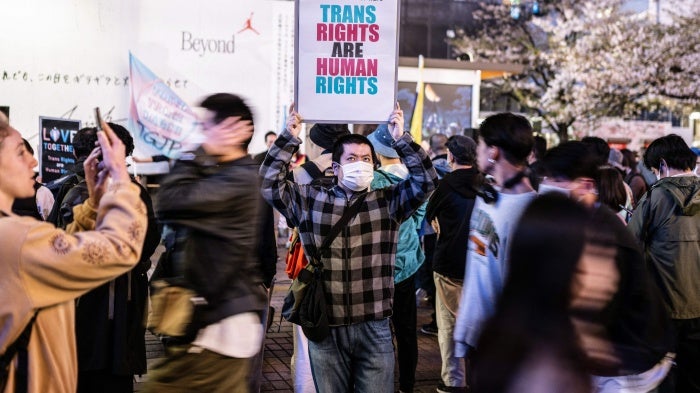 Participants at the Tokyo Trans March in Shibuya district of Tokyo, March 31, 2023. 