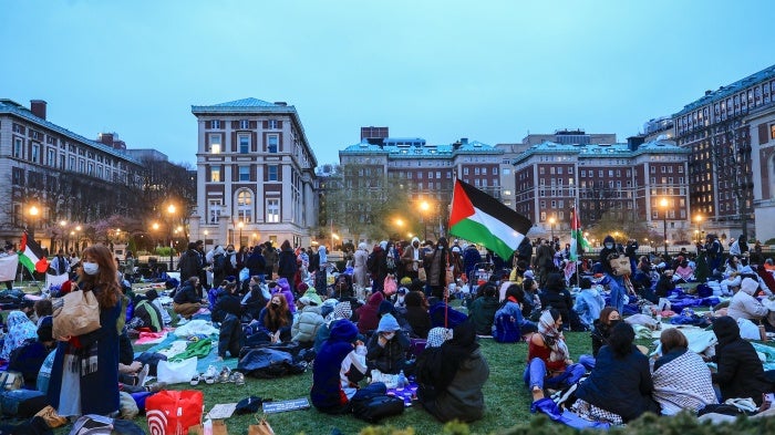 Pro-Palestinian student protesters at a demonstration at Columbia University on the third day of "Gaza Solidarity Encampment" in New York, US, April 19, 2024.