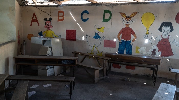 Inside the École Communautaire in the Bel Air neighborhood of Port-au-Prince, Haiti on May 9, 2024. The school was abandoned in late February 2024 as gang violence made safe access for students and teachers impossible.