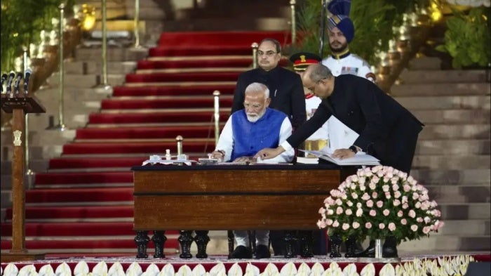 Narendra Modi takes oath as the prime minister of India at the Rashtrapati Bhawan, in New Delhi, June 9, 2024.