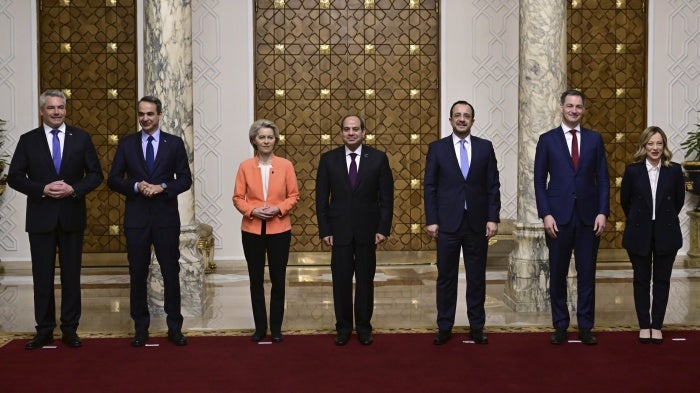 Austria Federal Chancellor Karl Nehammer, Greece Prime Minister Kyriakos Mitsotakis, European Commission president Ursula Von der Leyen, Egypt president Abdel Fattah el-Sisi, Cyprus President Nikos Christodoulides, Belgium Prime Minister Alexander De Croo and Italy Prime Minister Giorgia Meloni pictured at a diplomatic meeting on March 17, 2024 in Cairo, Egypt. 