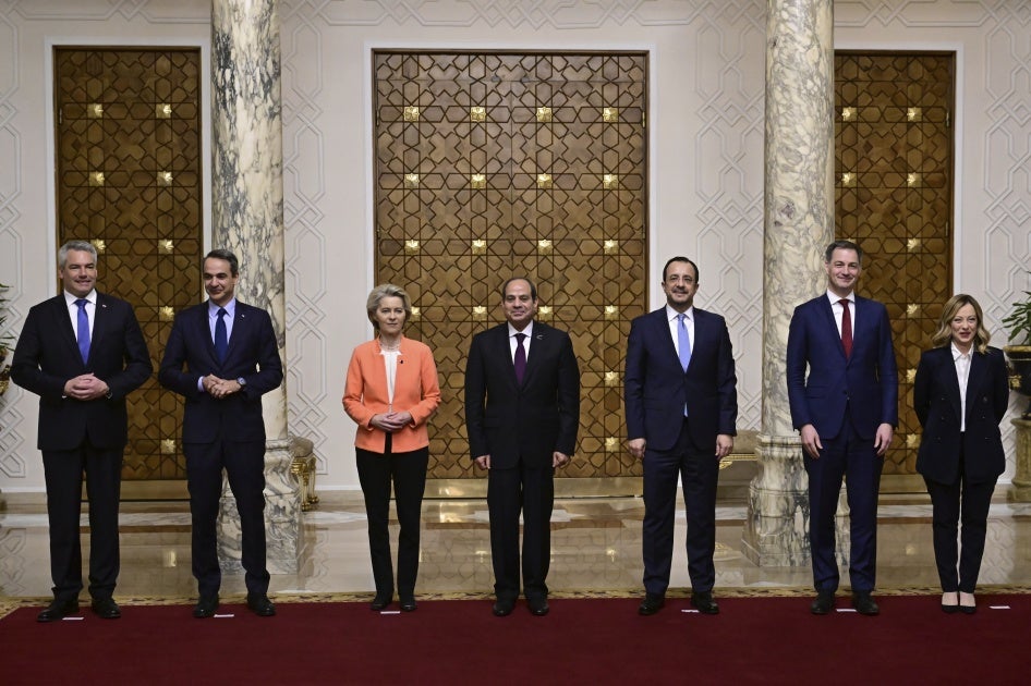 Austria Federal Chancellor Karl Nehammer, Greece Prime Minister Kyriakos Mitsotakis, European Commission president Ursula Von der Leyen, Egypt president Abdel Fattah el-Sisi, Cyprus President Nikos Christodoulides, Belgium Prime Minister Alexander De Croo and Italy Prime Minister Giorgia Meloni pictured at a diplomatic meeting on March 17, 2024 in Cairo, Egypt. 