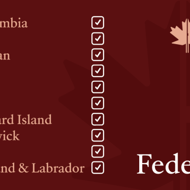 This is a list with checkmarks next to the names of Canada's ten provinces to show their ending of immigration detention in jails. There is a question mark next to the word "Federal."